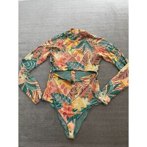 Ripcurl One Piece Swim Suit Rashguard Women L Cut Out Plant Leaves Mock Neck